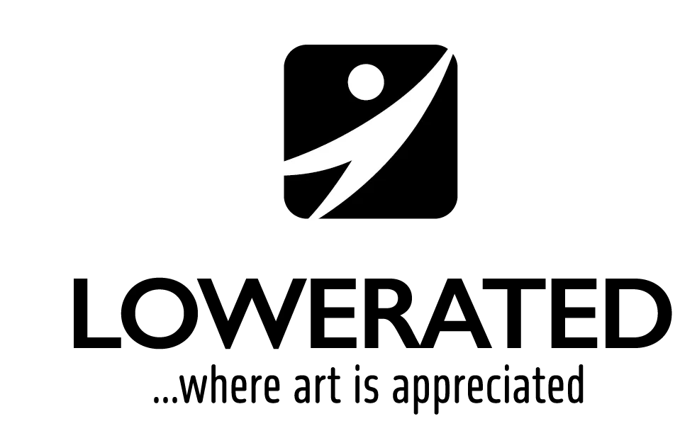 Black and white Lowerated logo, a figure with arms raised in a square, above the wordmark LOWERATED and the tagline where art is appreciated