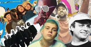 Collage of cutout photos of various musicians and bands against colourful street art