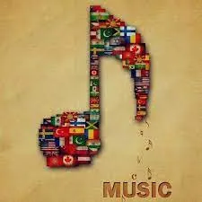 A musical note made of world flags on a beige background, with the word MUSIC below it