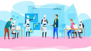 Illustration of humanoid robots and people working together in an office, with a robot and a man shaking hands at the centre