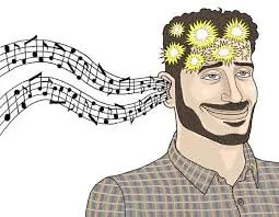 Cartoon of a bearded man smiling blissfully as music notes flow into his ear and flowers burst from his head