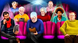 Illustration of older audience members in pink cinema seats, most looking down at tablets and notepads instead of the screen