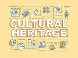 The words CULTURAL HERITAGE in large letters surrounded by small icons of dance, monuments, pottery, music and costume