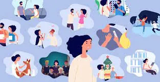 Illustration of a woman surrounded by thought bubbles showing memories of friends, family, pets, travel and celebrations