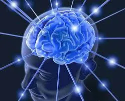 Glowing blue brain inside a human head silhouette with beams of light radiating outward