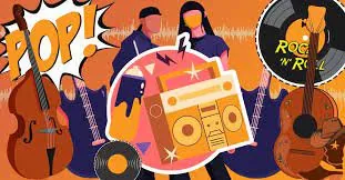 Illustration of two people behind a boombox, with a guitar, double bass, vinyl records and POP and Rock n Roll signs