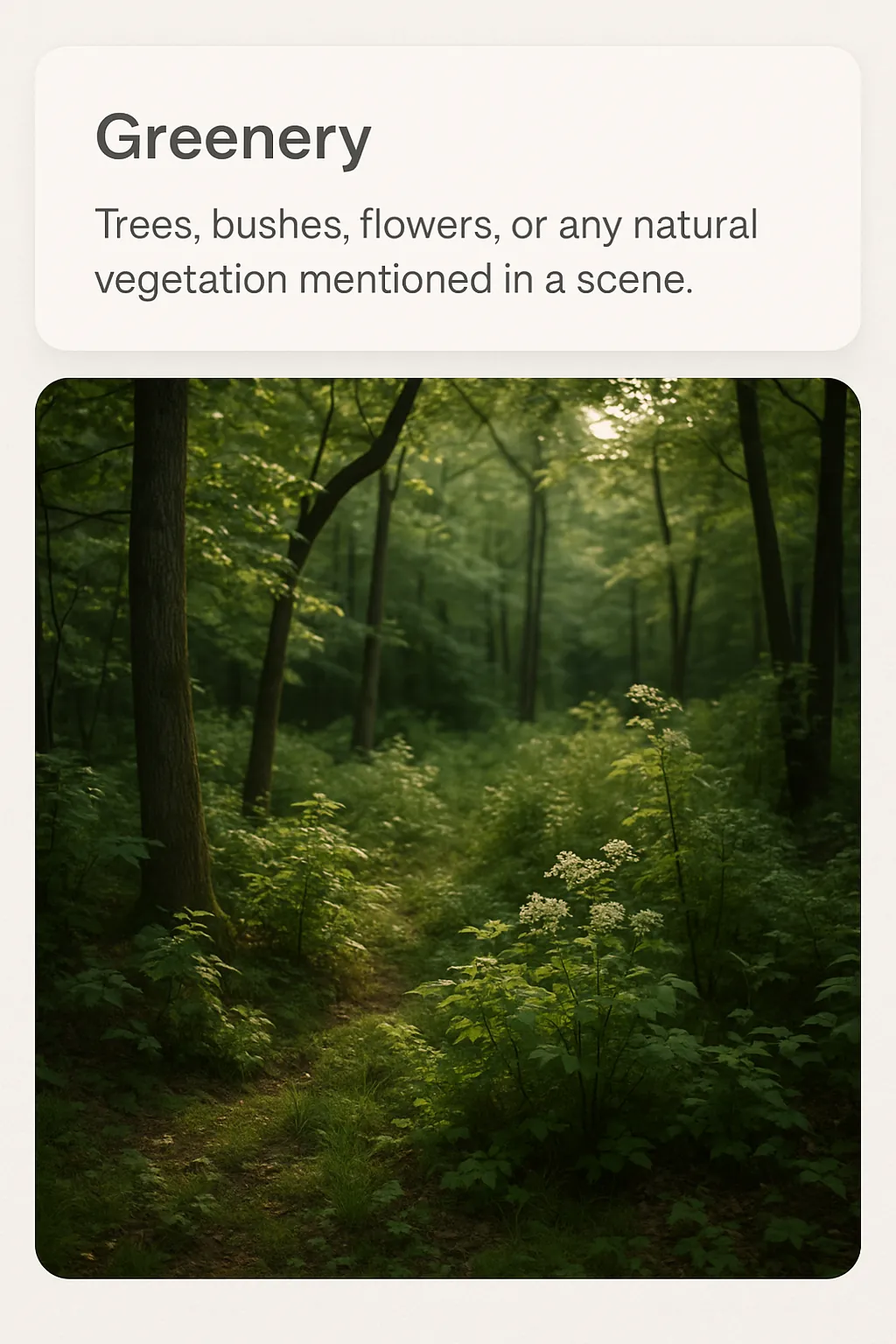 Element tag card titled Greenery, for trees, bushes, flowers or vegetation in a scene, above a photo of a lush forest path