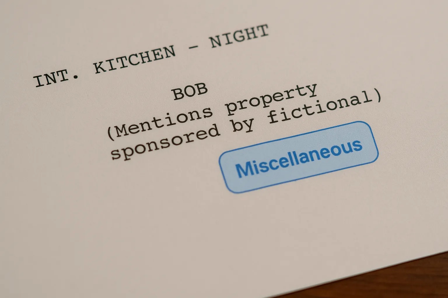 Close-up of a screenplay page with the heading INT. KITCHEN, NIGHT and a line of dialogue tagged with a blue Miscellaneous label