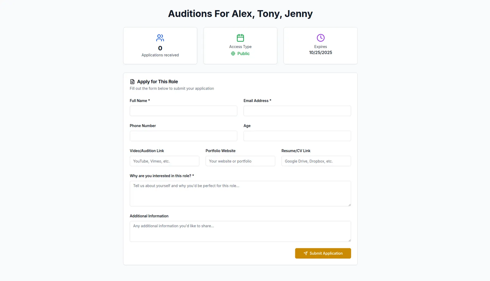 Public Lowerated audition page for the roles Alex, Tony and Jenny with an application form and a Submit Application button