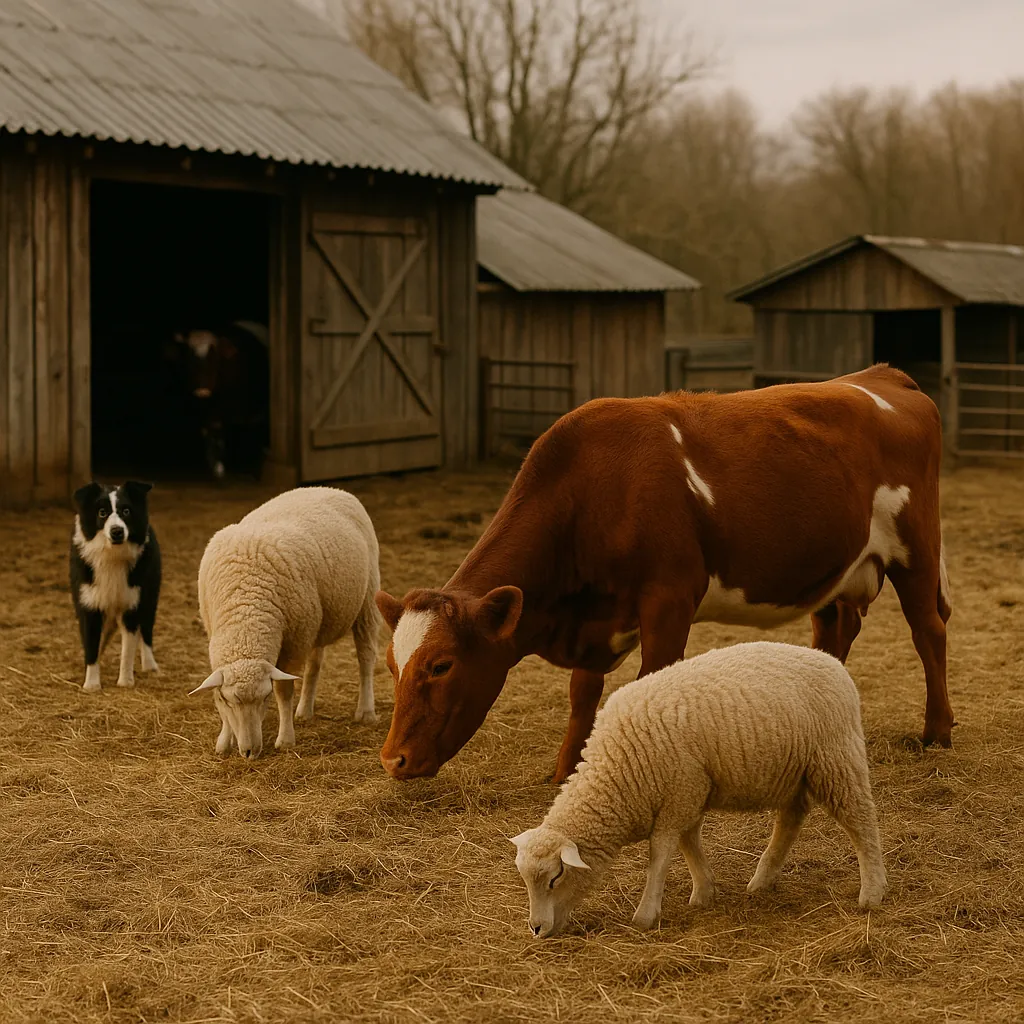 A dog, two sheep and a brown cow graze on hay in a farmyard in front of old wooden barns