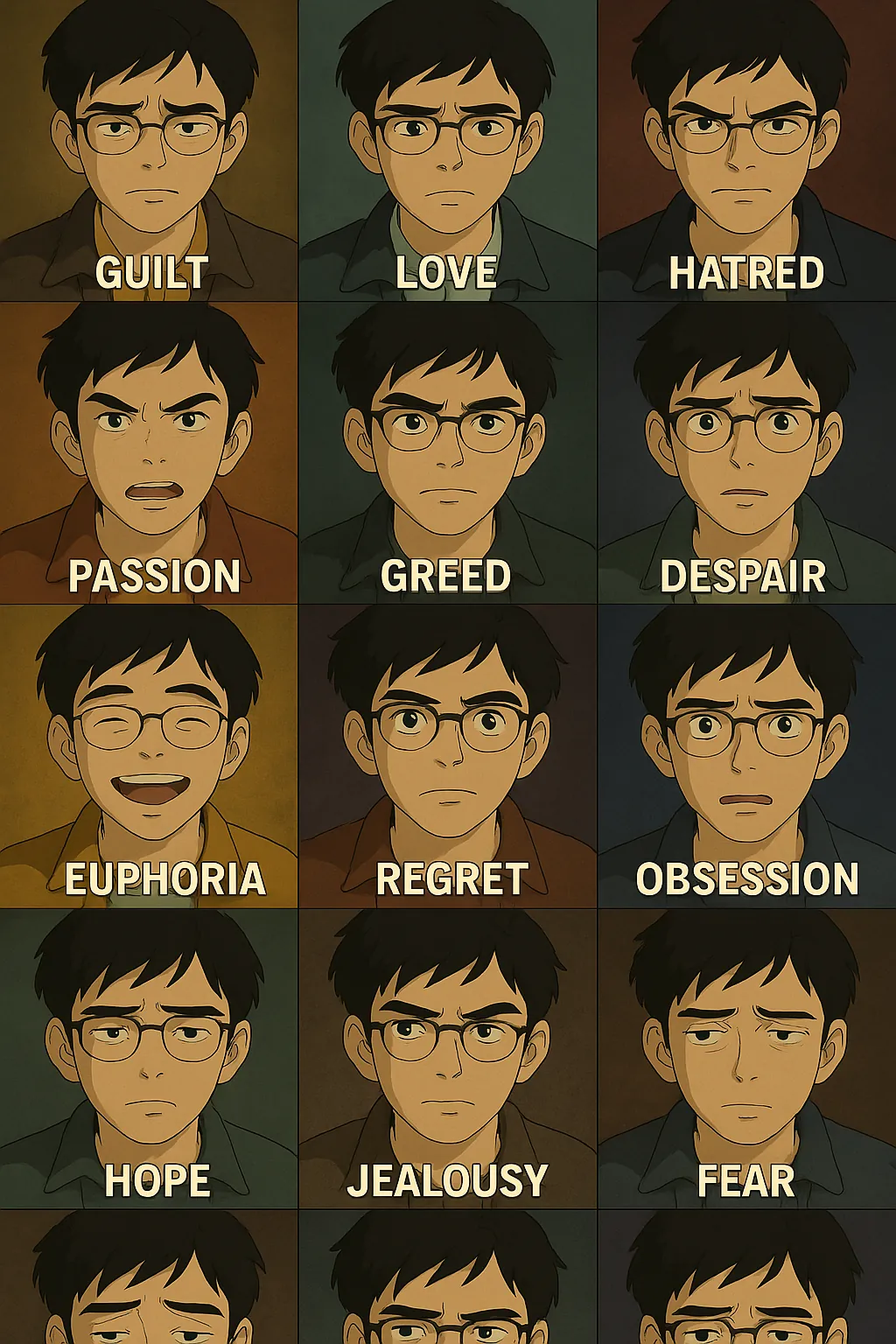 Grid of anime-style portraits of the same young man in glasses, each labelled with an emotion such as Guilt, Love, Hope and Fear