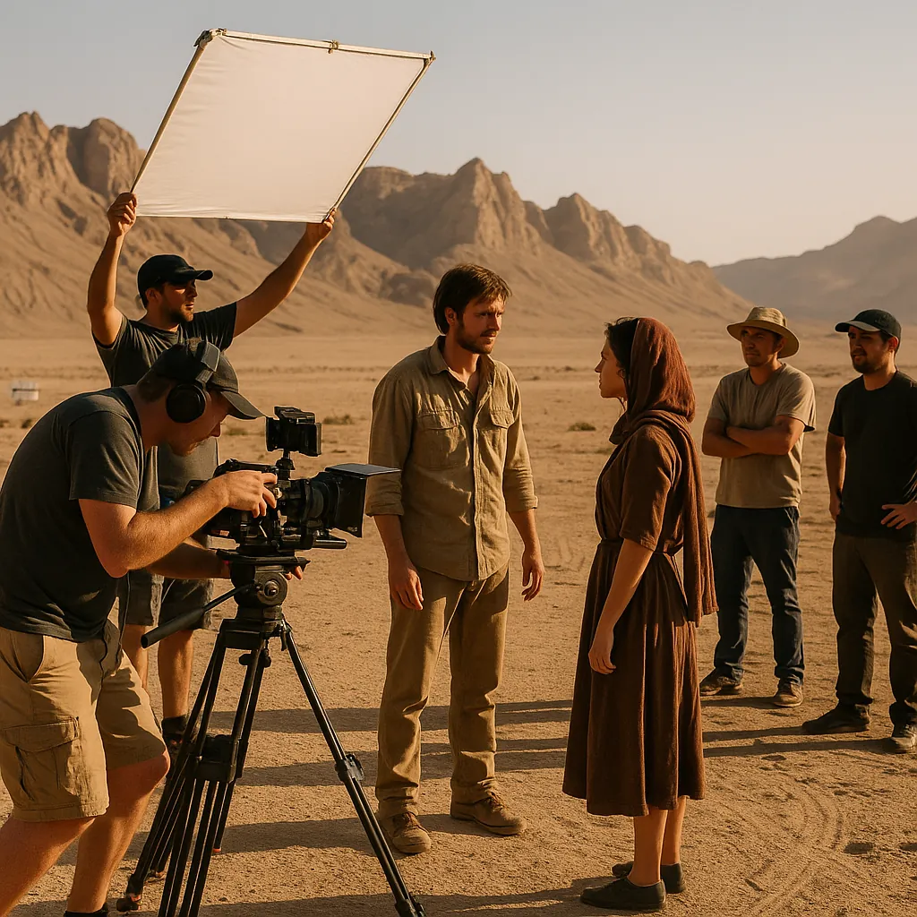 A film crew shoots in the desert, a camera operator on a tripod and a reflector held over two actors facing each other