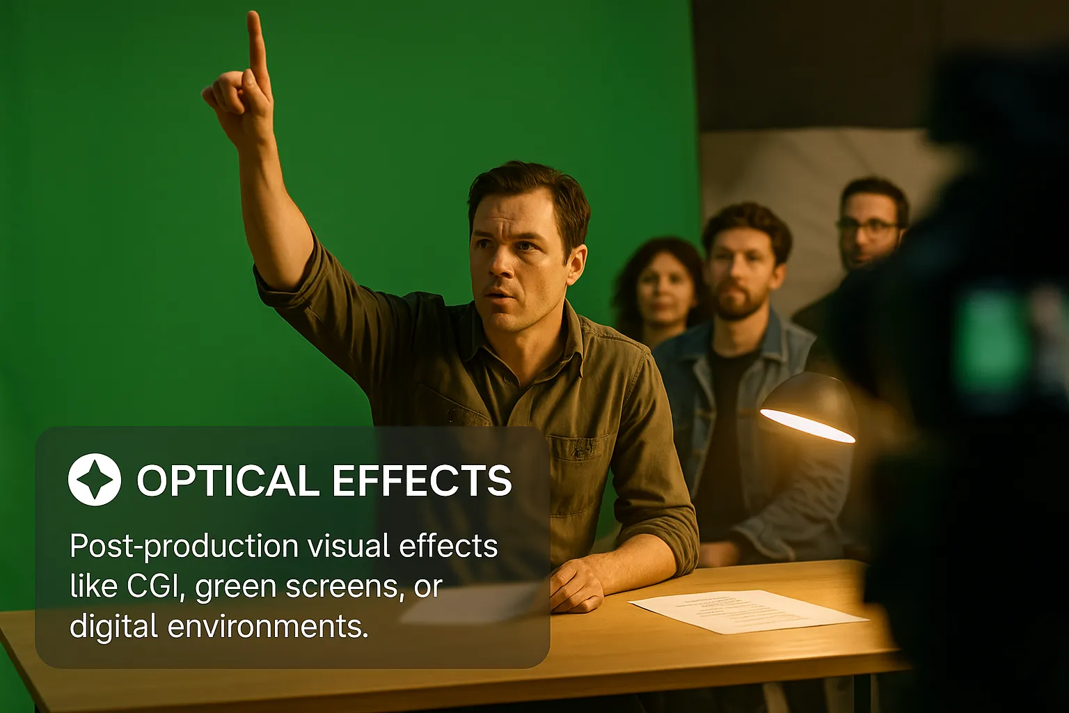 An actor raises one finger at a desk in front of a green screen, captioned 'Optical effects: post-production visual effects like CGI, green screens, or digital environments'