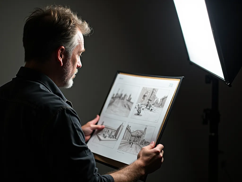 A grey-haired man studies a page of pencil storyboard frames showing city streets and buildings under a softbox light