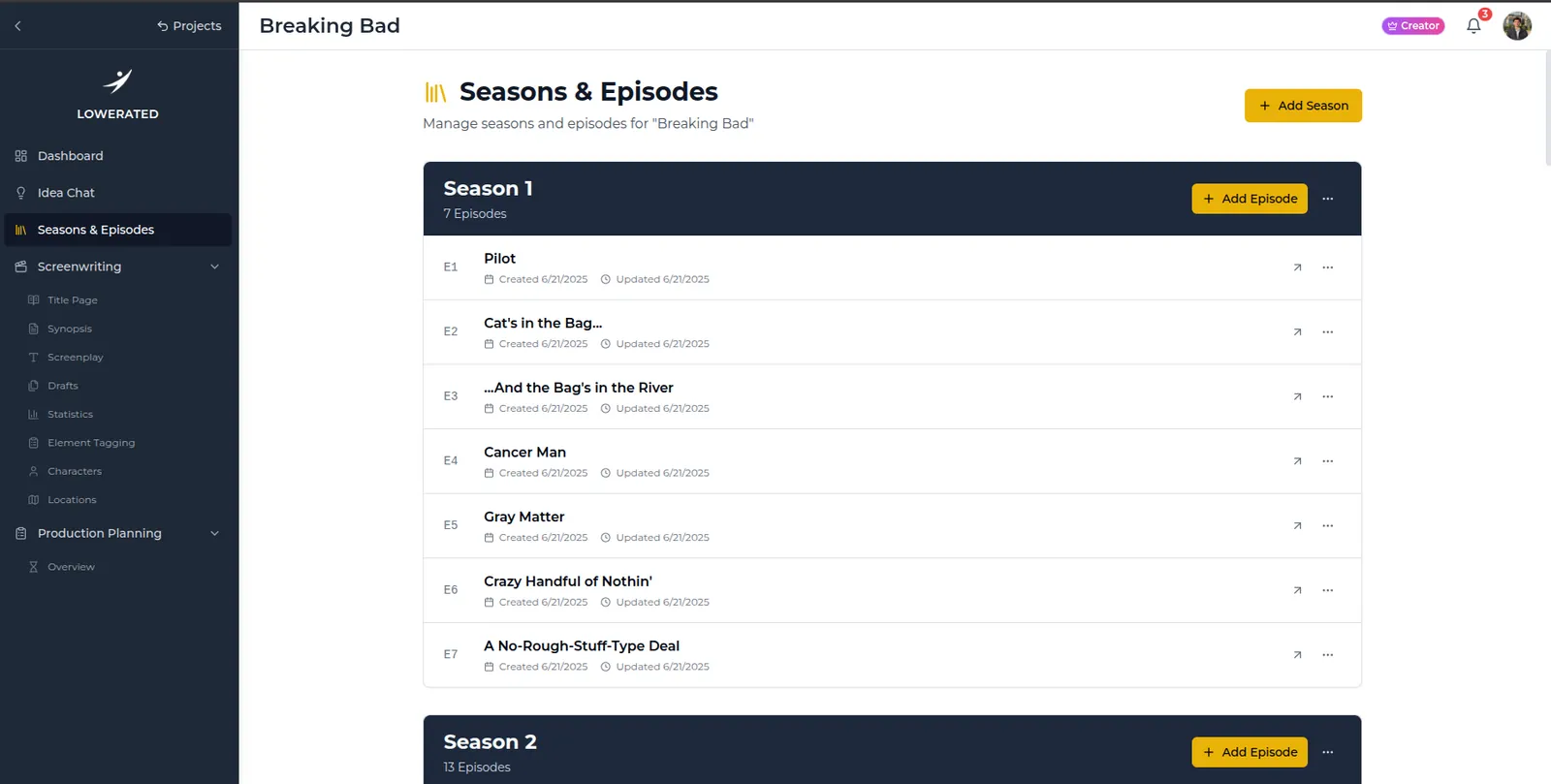 Lowerated Seasons and Episodes screen for a Breaking Bad project, listing Season 1's seven episodes from Pilot to A No-Rough-Stuff-Type Deal