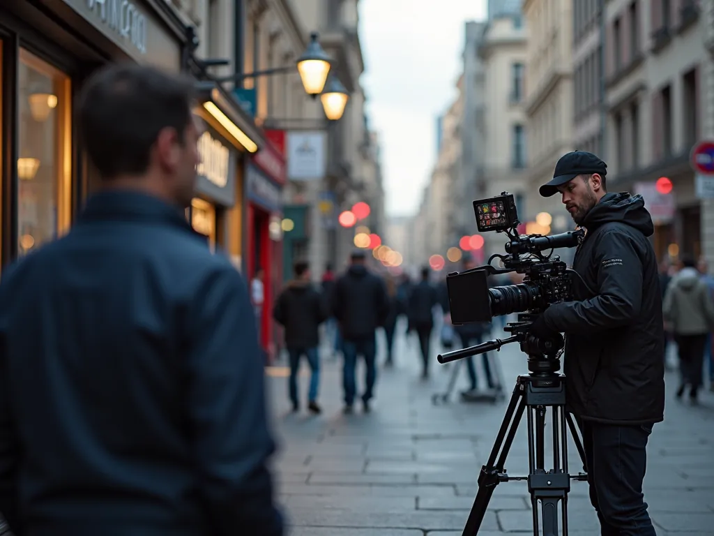 A camera operator in a cap films with a tripod-mounted cinema camera on a busy city shopping street at dusk