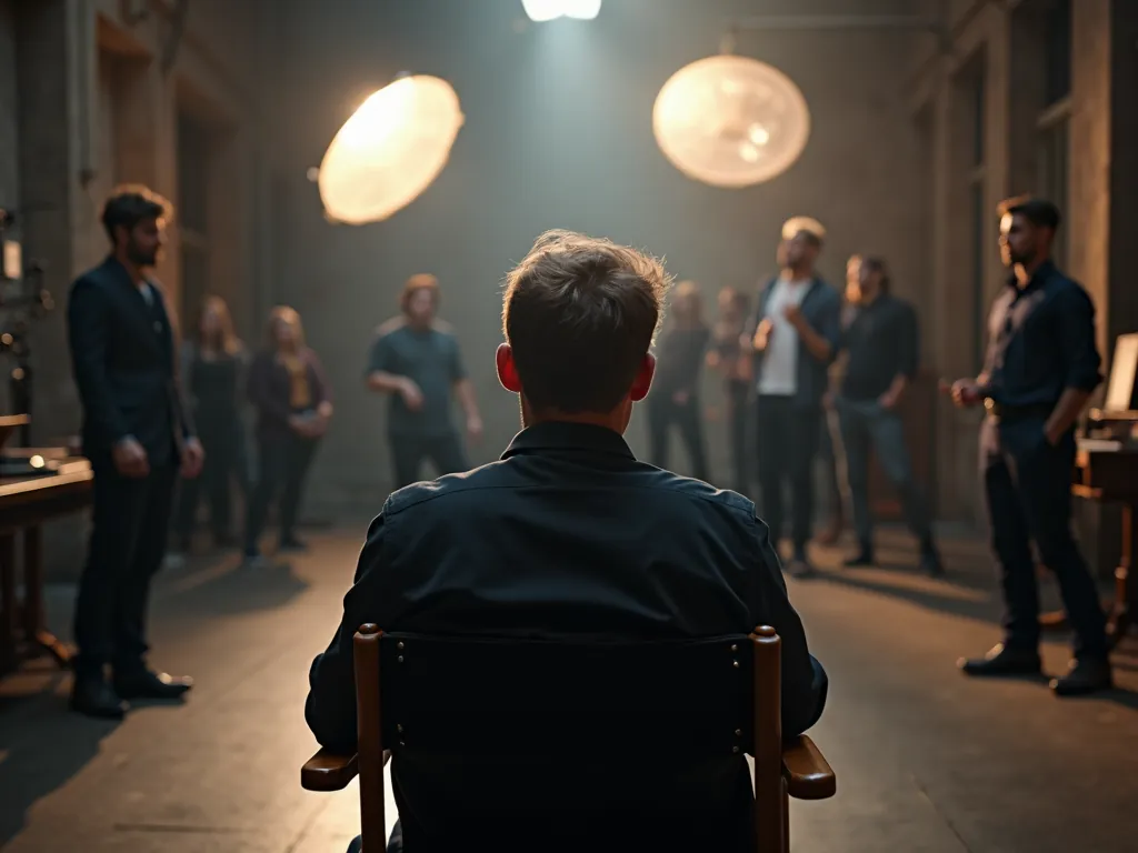Seen from behind, a person in a director's chair watches a group of actors standing in a hazy, softly lit warehouse studio