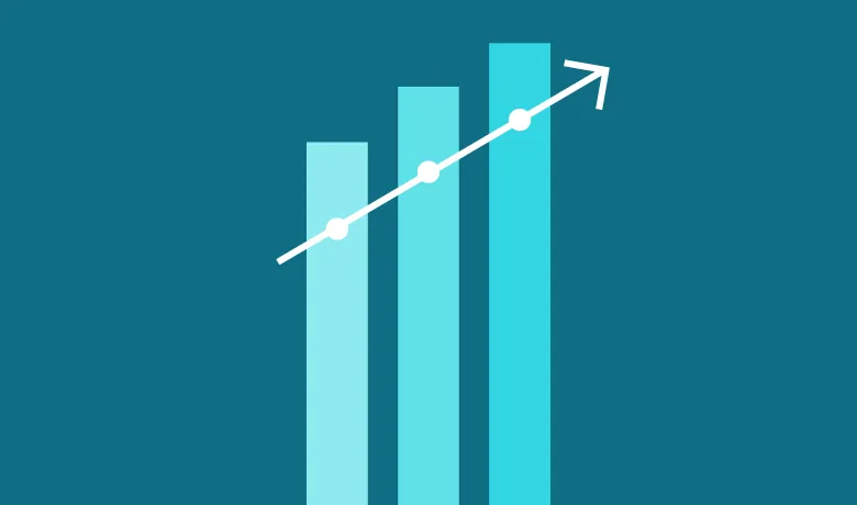 Illustration of three rising teal bars with an upward arrow running across them on a dark teal background