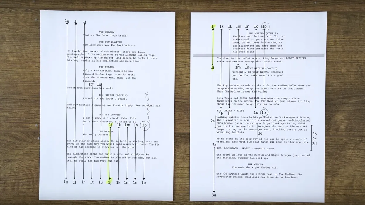 Two pages of a lined script with vertical lines and shot numbers drawn through the text to mark camera coverage
