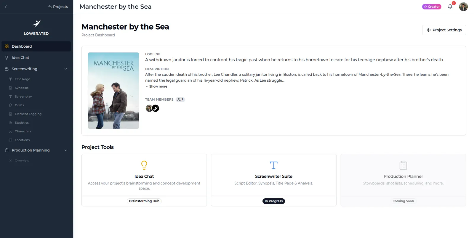 Lowerated project dashboard for Manchester by the Sea with poster, logline, description, team members and Idea Chat and Screenwriter Suite tools