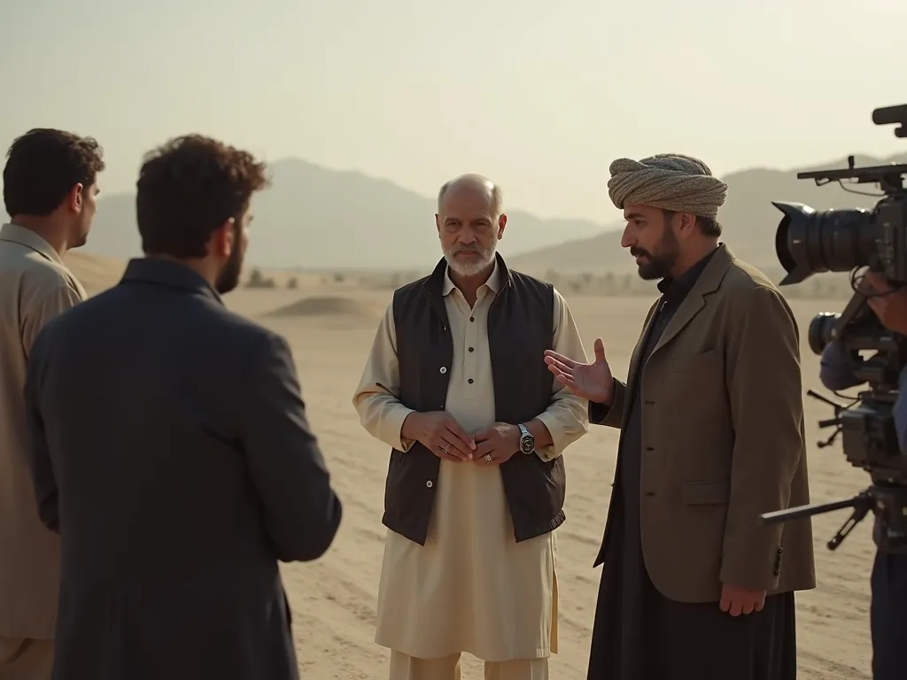 A director in a turban gestures as he talks with an older actor in a waistcoat on a desert set, a film camera at the right