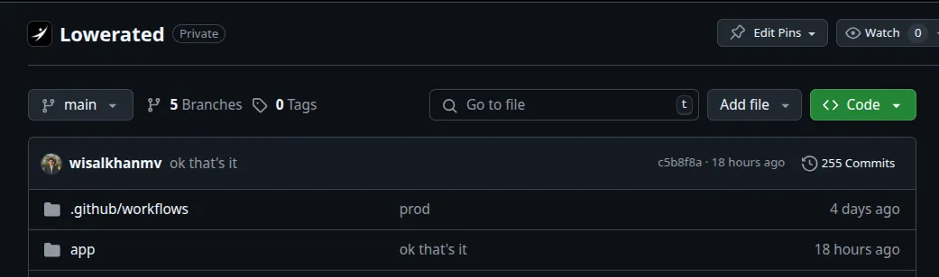 Screenshot of the private Lowerated GitHub repository on the main branch, showing 5 branches and 255 commits