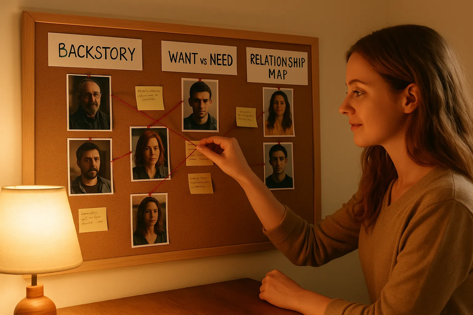 A woman links character photos with red string on a corkboard headed Backstory, Want vs Need and Relationship Map