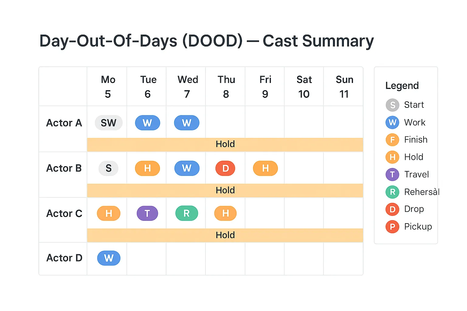 Day out of days cast summary chart showing which days Actors A to D start, work, hold, travel, rehearse or drop across one week