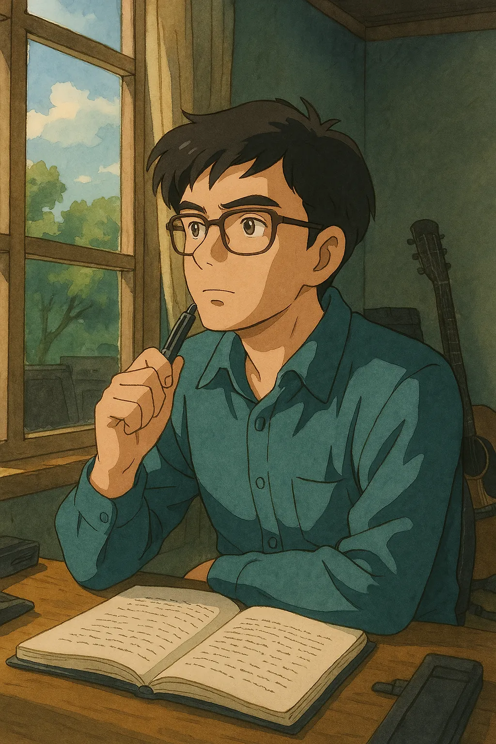 Anime-style illustration of a young man in glasses holding a pen, gazing out a window over an open notebook