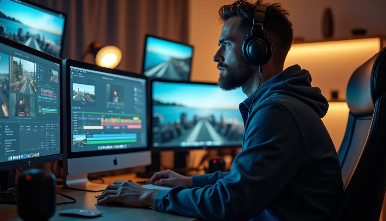 A bearded editor in headphones works at a desk of several monitors showing a video editing timeline and footage