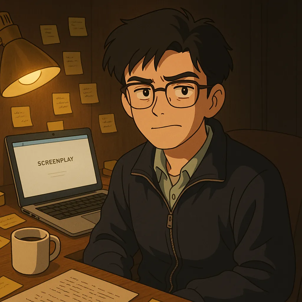 Anime-style illustration of a tired young man in glasses at a desk at night, a laptop reading 'Screenplay' and sticky notes behind him