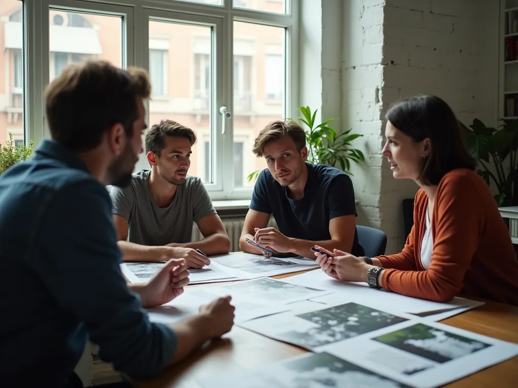 Four people talk around a table covered in printed reference photos in a bright room with tall windows