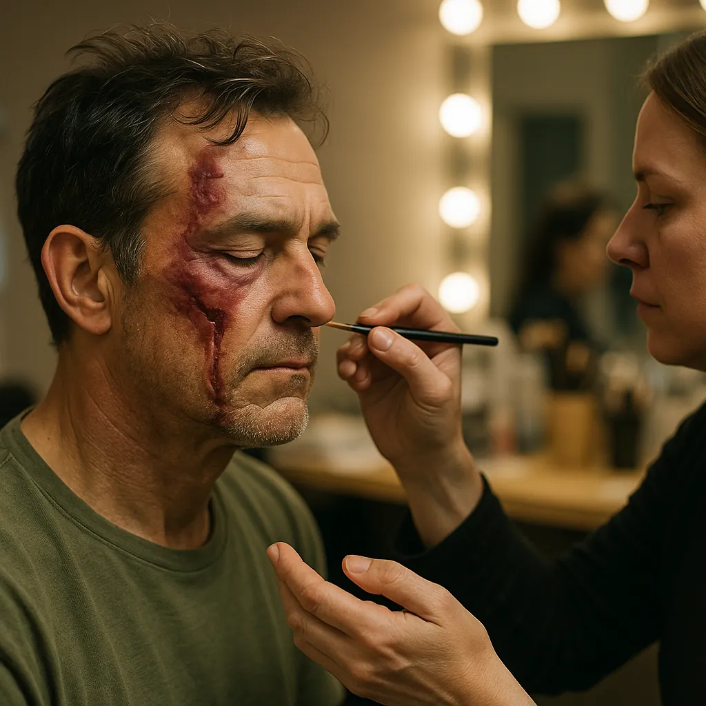 A makeup artist paints a realistic bloody wound on a man's cheek in a dressing room with bulb-lit mirrors