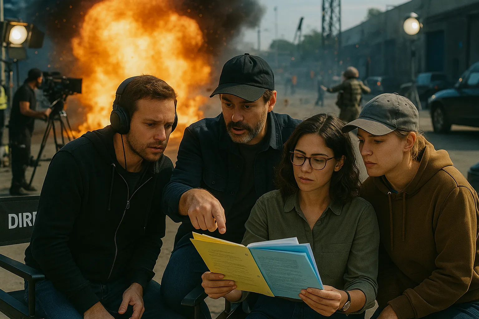 A director points at a colour-coded script as three crew members read along, while a fireball explodes on the set behind them