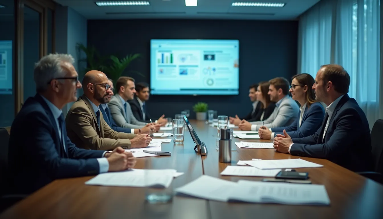 Business people in suits sit around a long boardroom table with papers, facing a wall screen showing charts