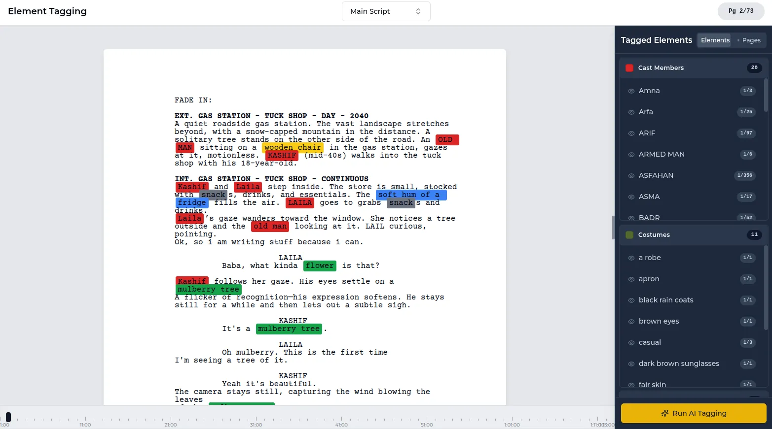 Lowerated element tagging screen, with cast, props and sounds highlighted in color in a script and a tagged elements list on the right