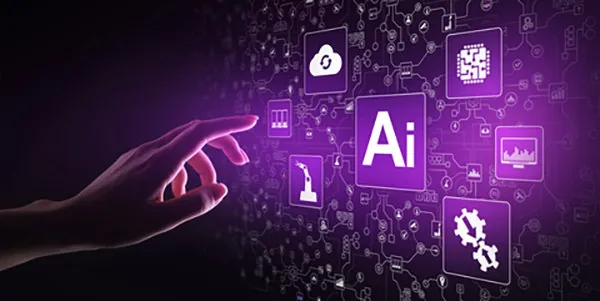 A hand reaches toward glowing purple tech icons, with a large 'Ai' tile at the centre of a circuit pattern