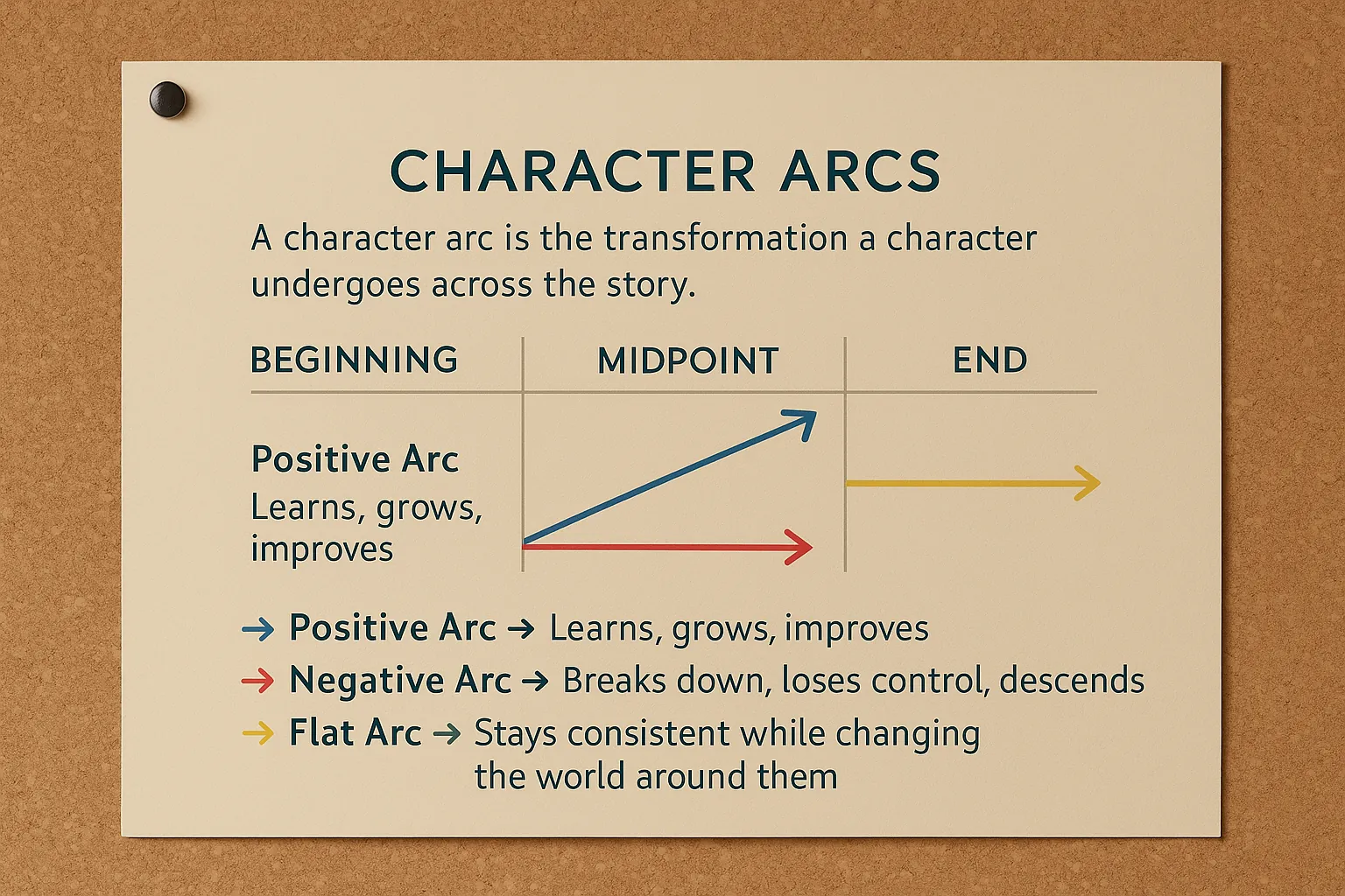 Pinned card titled 'Character Arcs' explaining positive, negative and flat arcs with coloured arrows from beginning to end