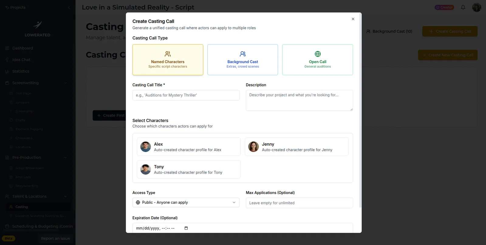 Lowerated Create Casting Call window showing call type options, a title field, and character choices Alex, Jenny and Tony