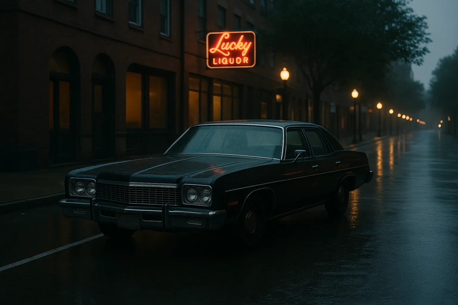 A dark 1970s sedan parked on a wet, misty street at night under a glowing red liquor store neon sign