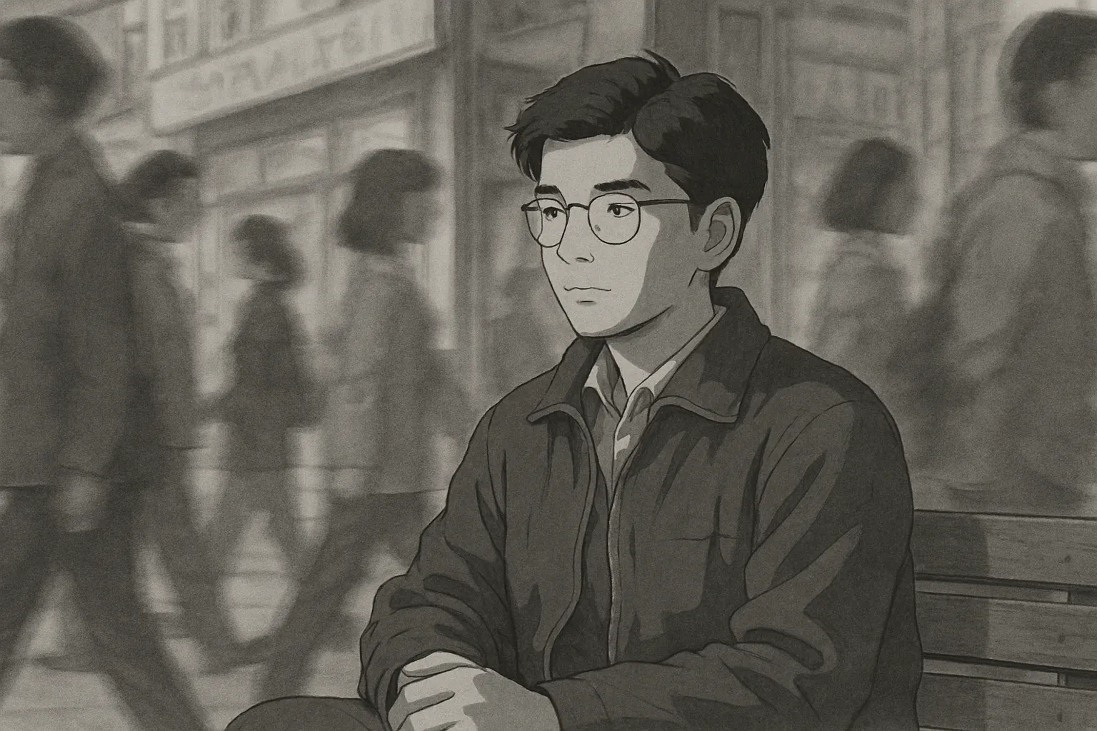 Pencil-style drawing of a young man in glasses sitting on a bench, calm and still while blurred crowds rush past