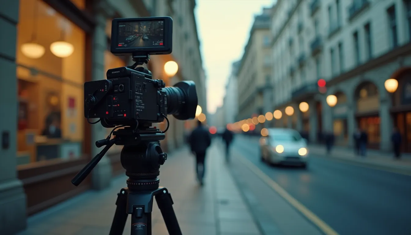 A cinema camera with a monitor on a tripod, set up on a city sidewalk at dusk with blurred cars and pedestrians