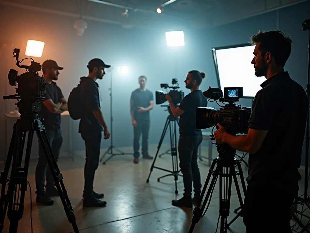 A film crew with cameras on tripods gathers around an actor in a smoky studio lit by soft panel lights