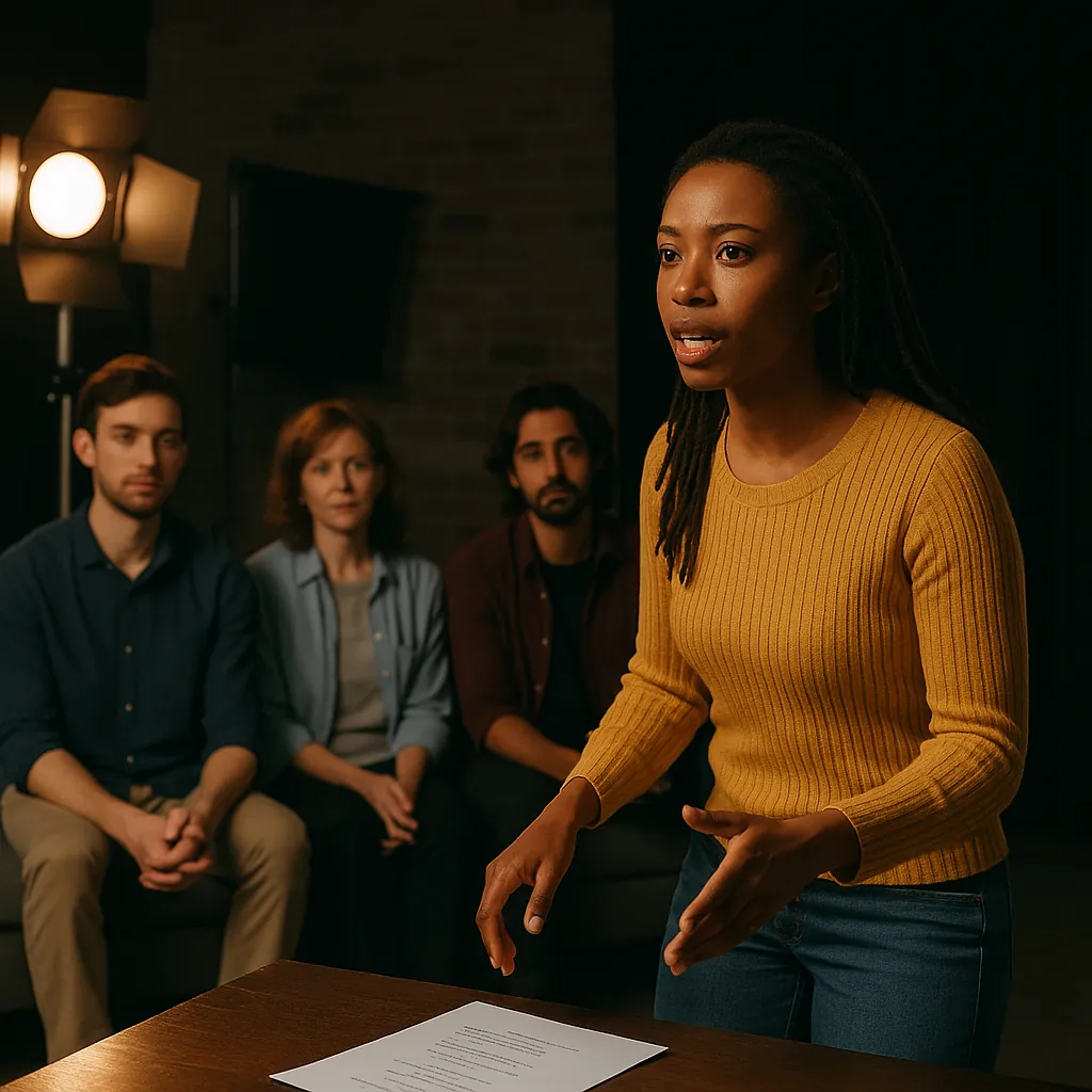 A woman in a mustard sweater performs at an audition table while three casting people watch from a sofa