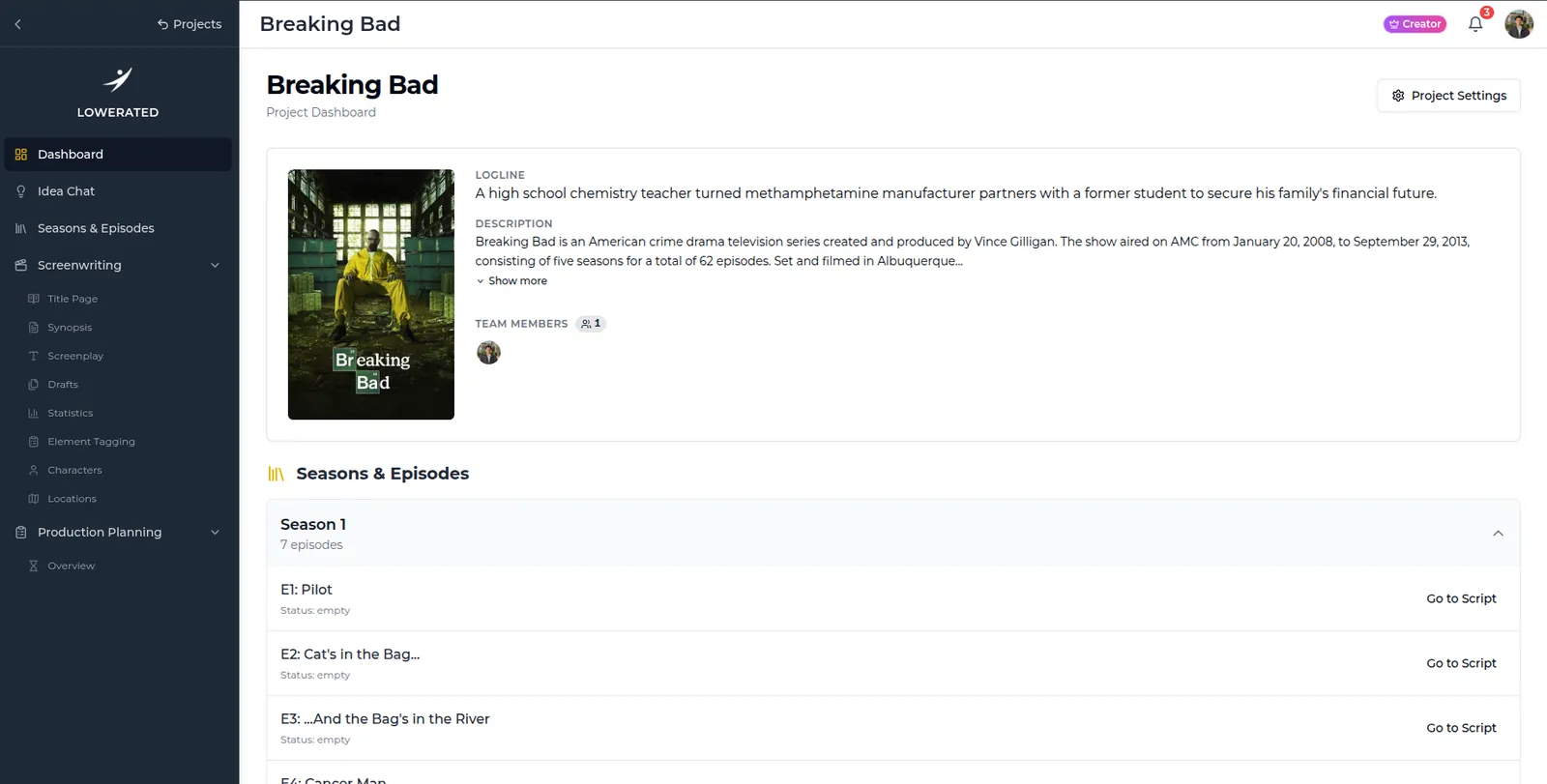 Lowerated project dashboard for Breaking Bad with the poster, logline, description and a Season 1 episode list