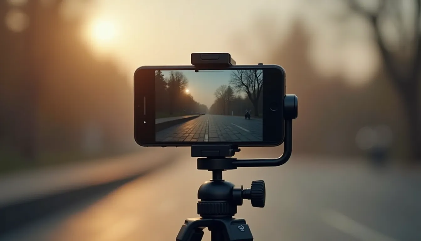 A smartphone on a tripod mount films an empty tree-lined road at sunrise, its screen showing the shot