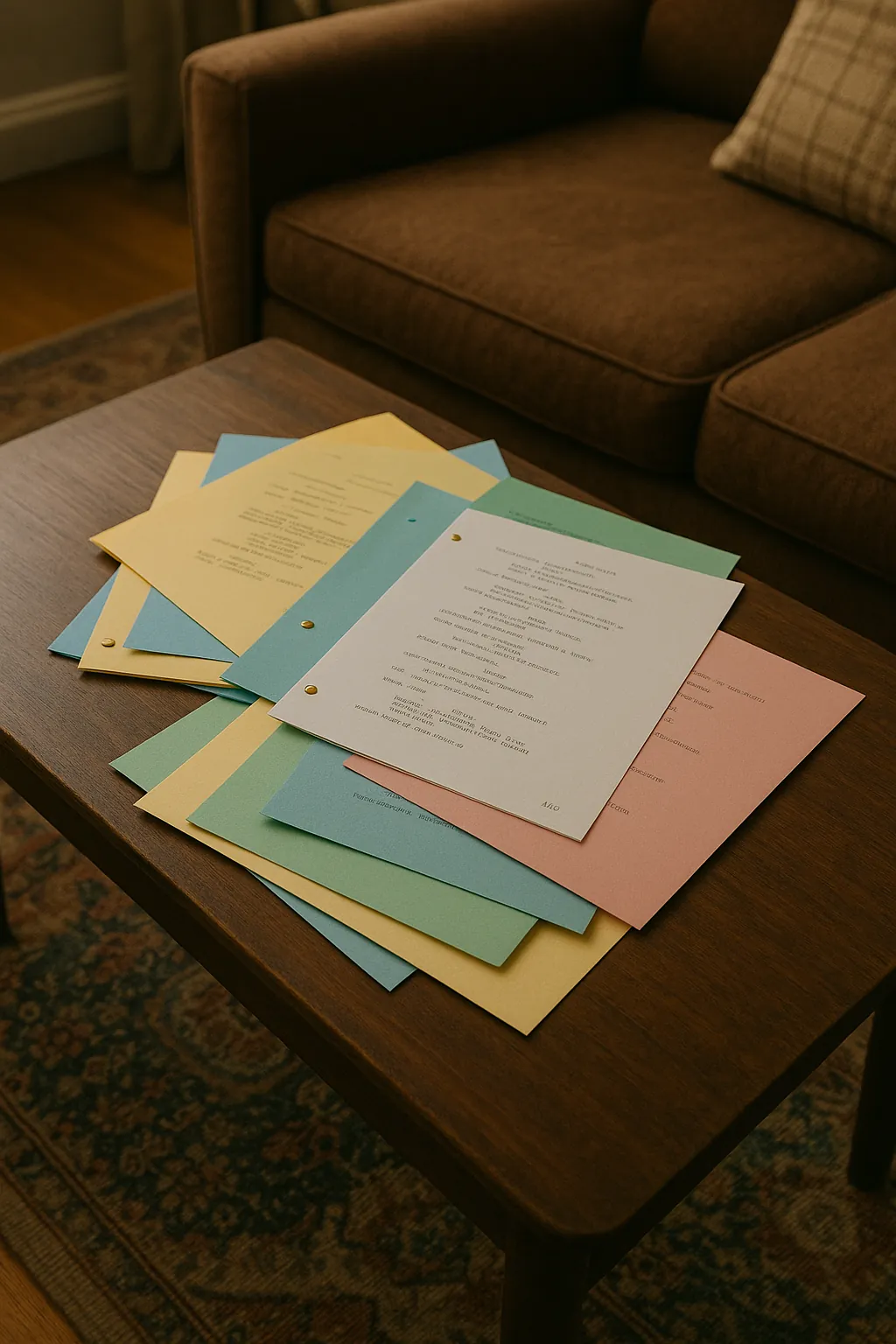 A pile of script pages in white, blue, pink, yellow and green paper spread across a coffee table in a living room