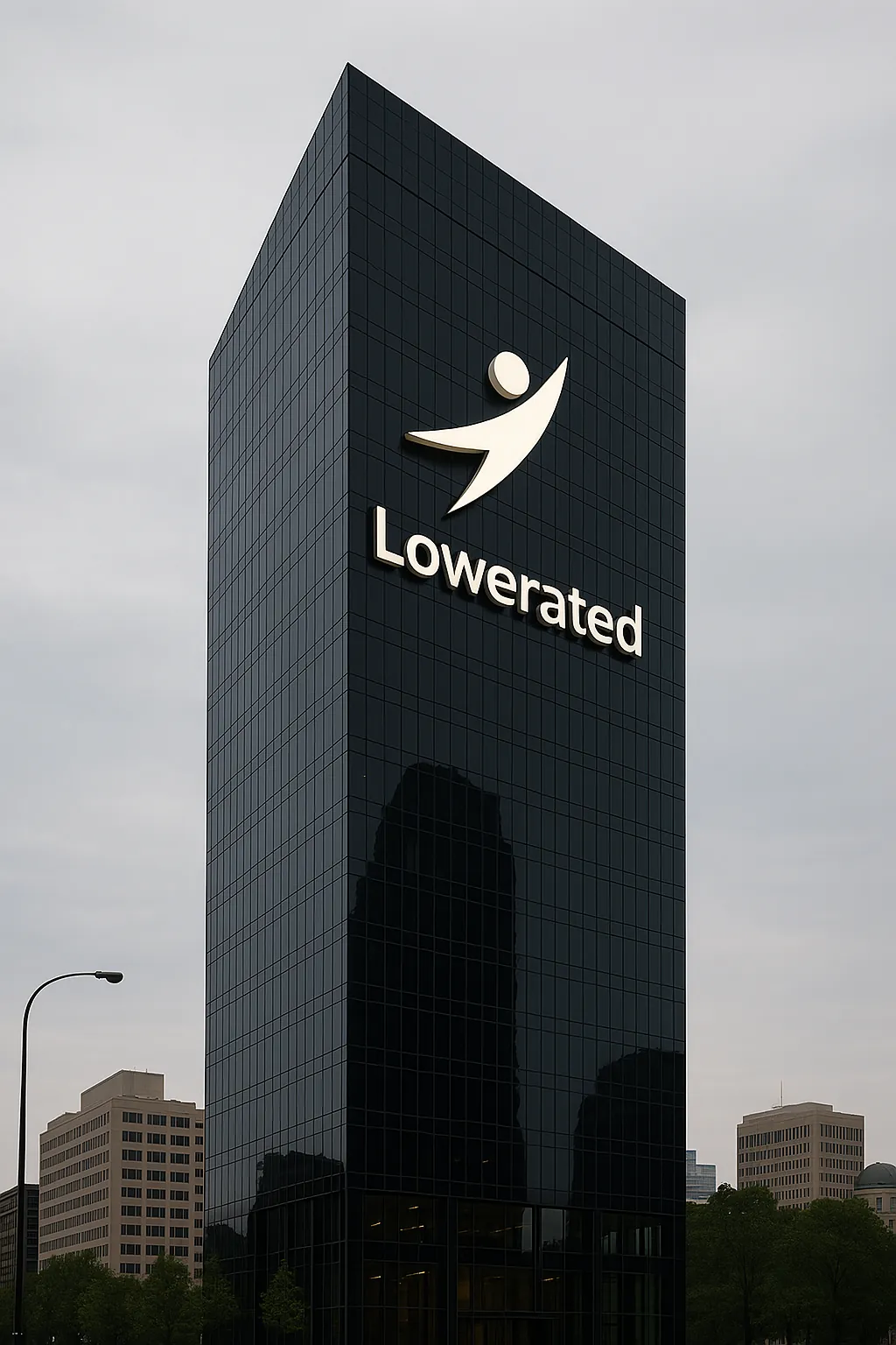 A tall black glass tower with a large white Lowerated logo and name near its top against a grey sky
