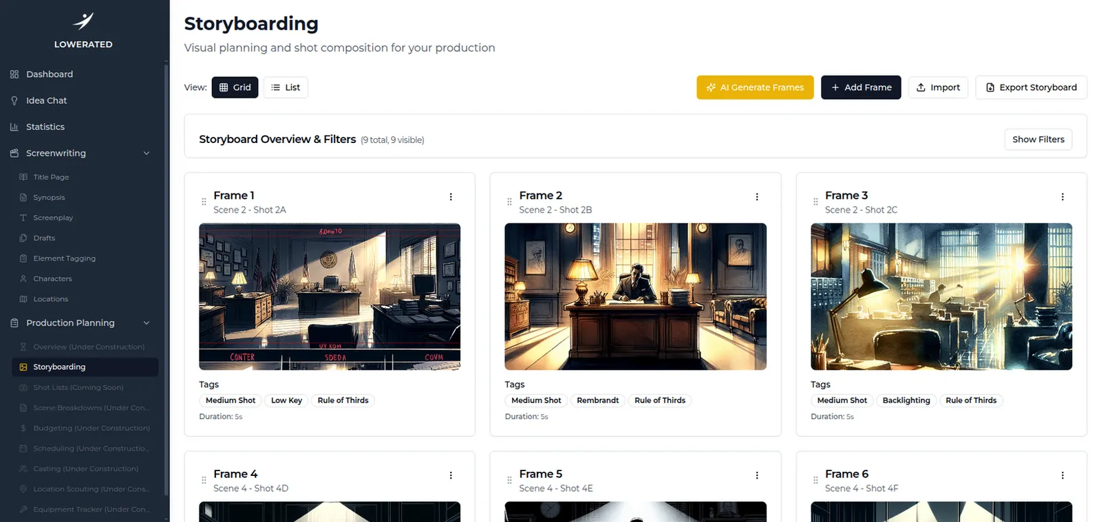 Lowerated storyboarding screen in grid view, showing illustrated frames of an office scene tagged medium shot, low key and rule of thirds