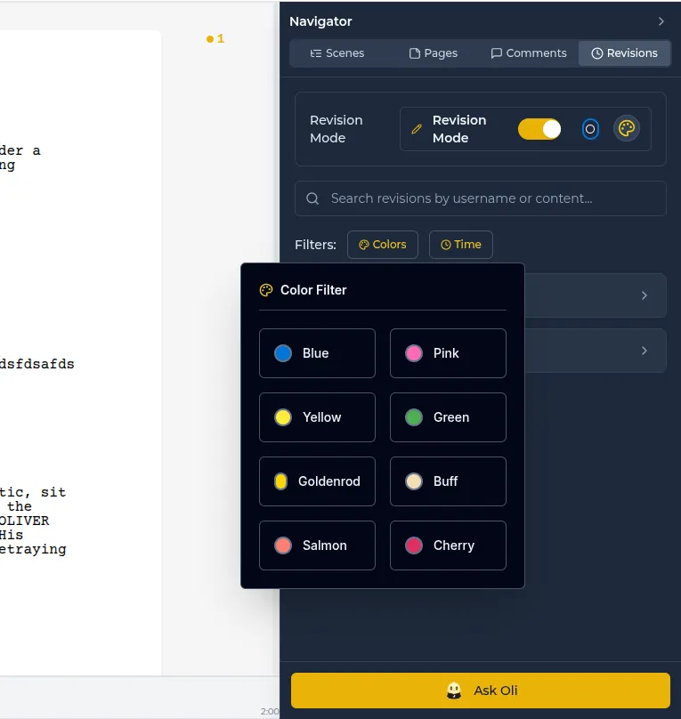Lowerated script navigator with Revision Mode switched on and a colour filter for revision colours from Blue to Cherry